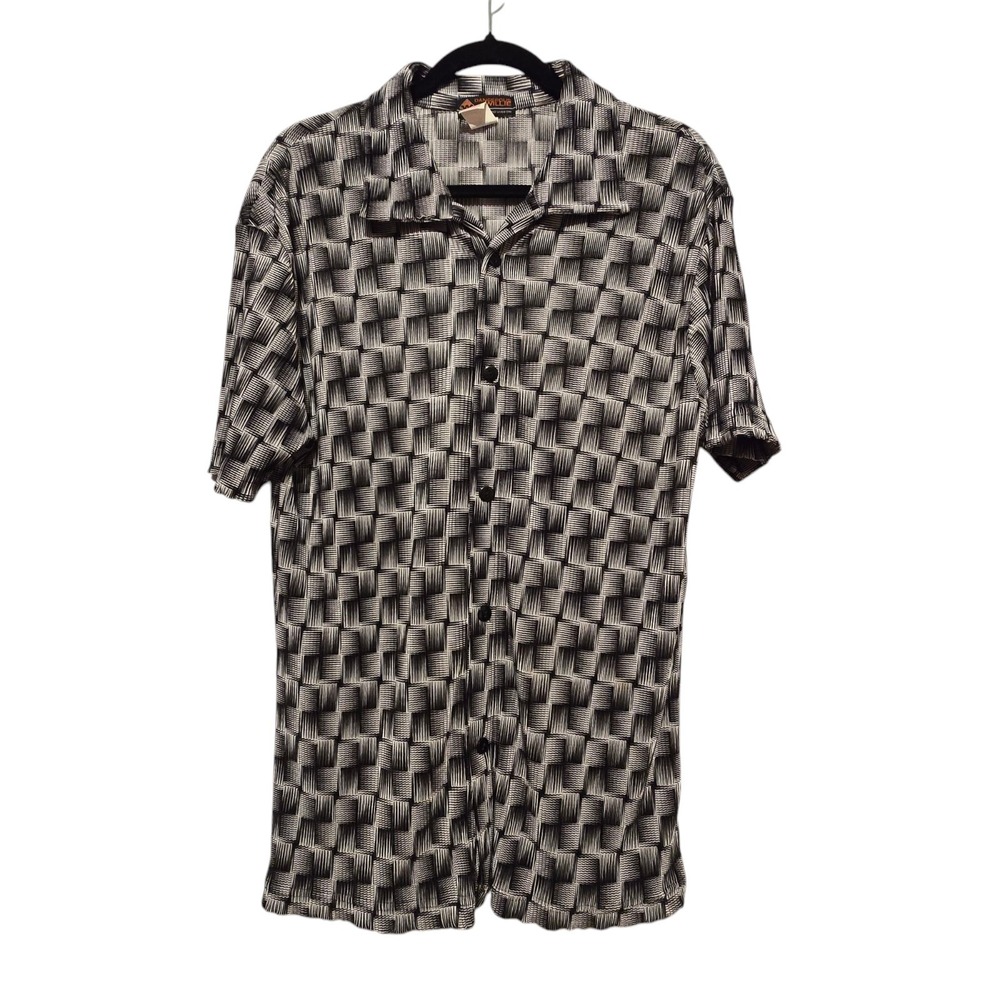 Vtg USA Dangerous Willie Mens Textured Pleated Shirt LG Geometric Black White
